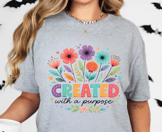 Created With A Purpose T Shirt Christian Floral Tee Religious Wildflower Shirt Faith Gift For Her Adult Youth Toddler Baby Spiritual Church Outfit