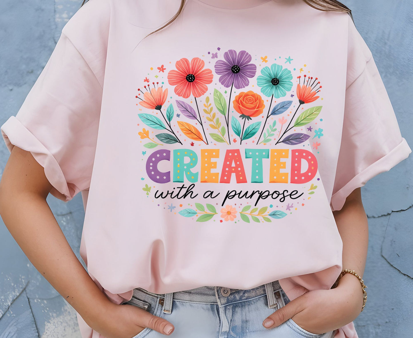 Created With A Purpose T Shirt Christian Floral Tee Religious Wildflower Shirt Faith Gift For Her Adult Youth Toddler Baby Spiritual Church Outfit
