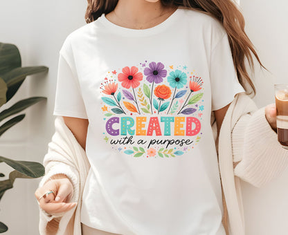 Created With A Purpose T Shirt Christian Floral Tee Religious Wildflower Shirt Faith Gift For Her Adult Youth Toddler Baby Spiritual Church Outfit