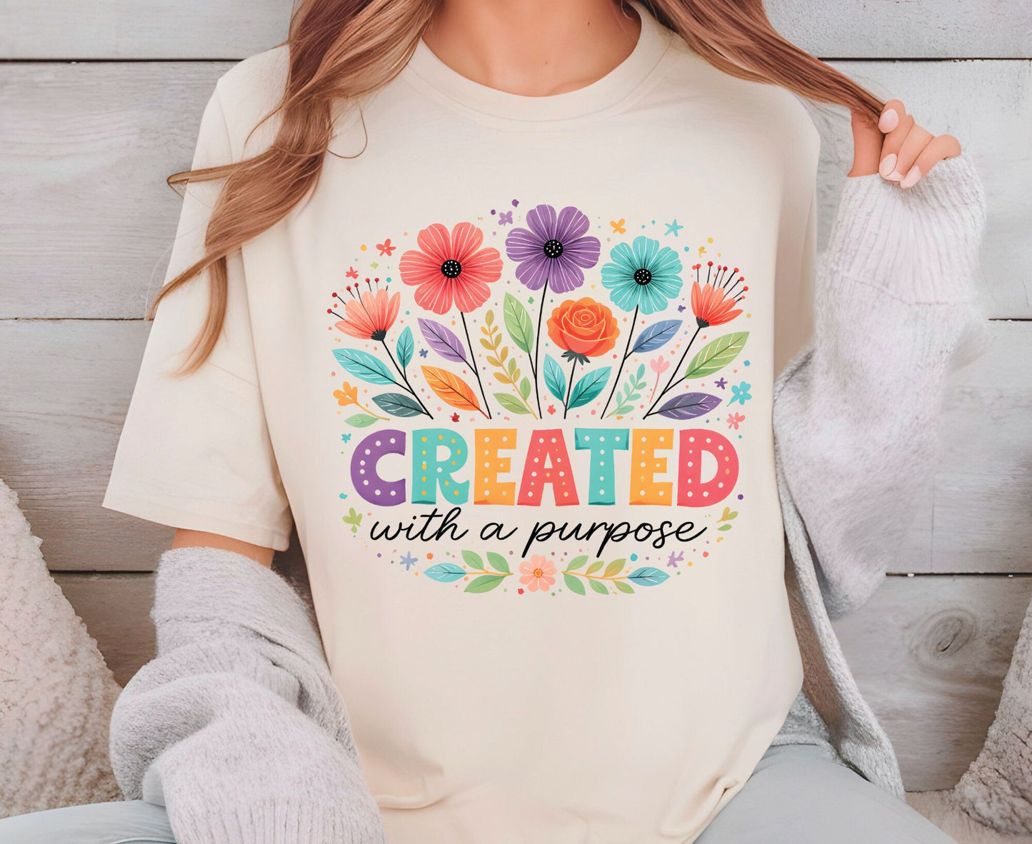 Created With A Purpose T Shirt Christian Floral Tee Religious Wildflower Shirt Faith Gift For Her Adult Youth Toddler Baby Spiritual Church Outfit