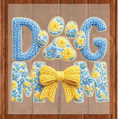 Crochet Yarn Bow Dog Paw Mom DTF Transfer ready to Press Mother's Day Animal Heat Transfer for Shirts Pet Lover UV Sticker Print