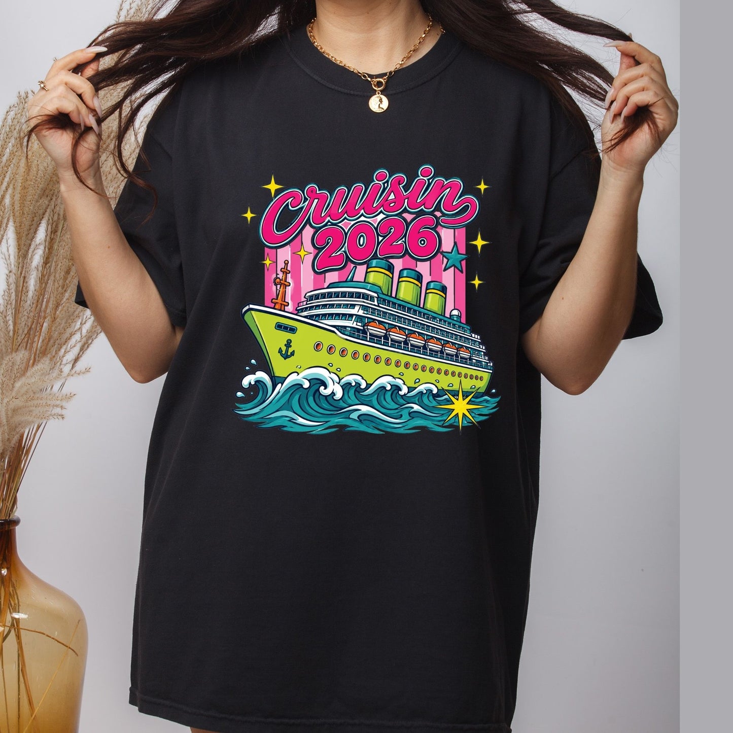 Cruisin 2026 Retro Cruise Ship DTF Transfer Ready to Press Family Cruise Vacation UV DTF Sticker Nautical Ocean Waves Heat Transfer for Shirts