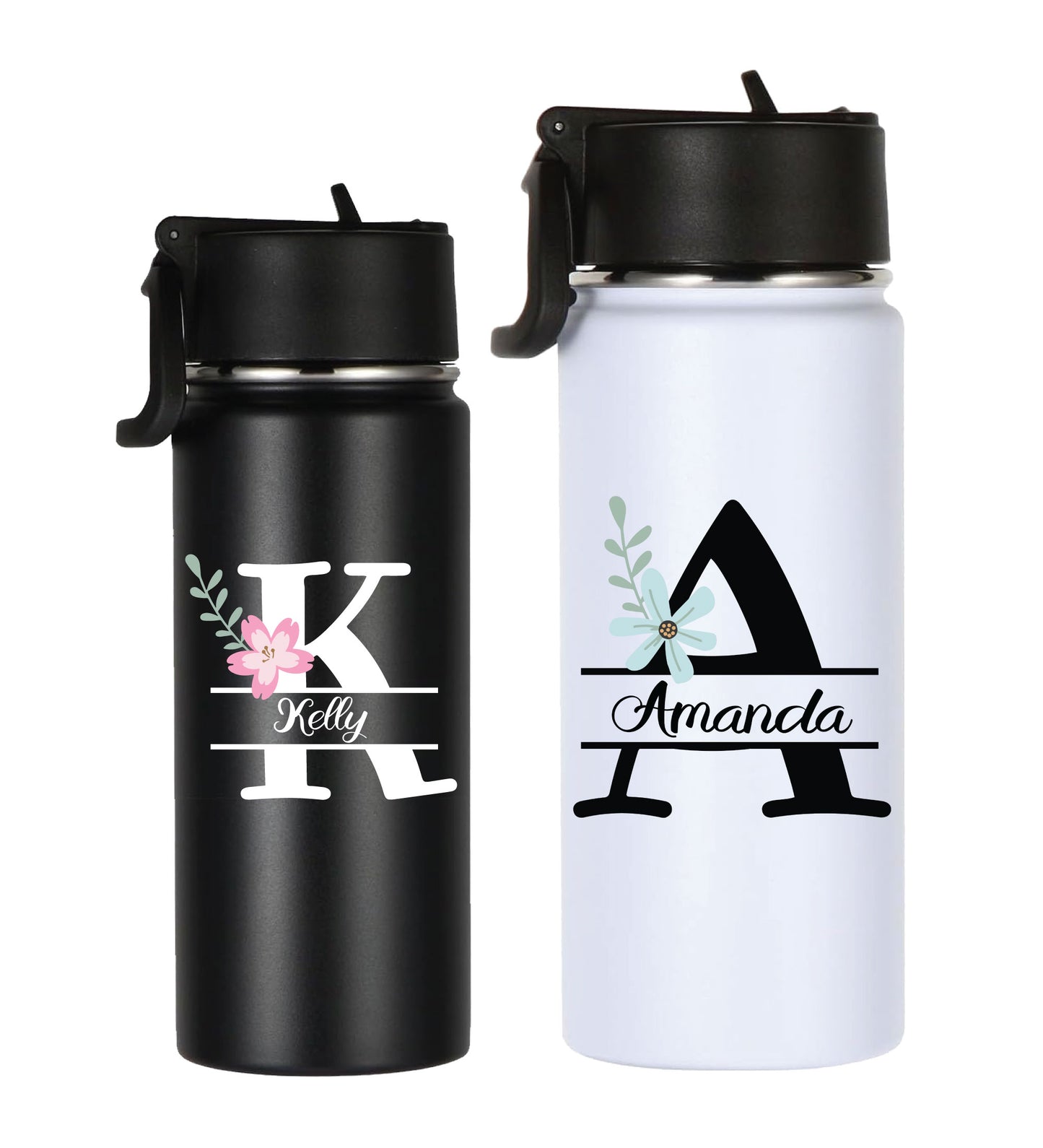 Custom Name Monogram Stainless Steel Water Bottle with Straw
