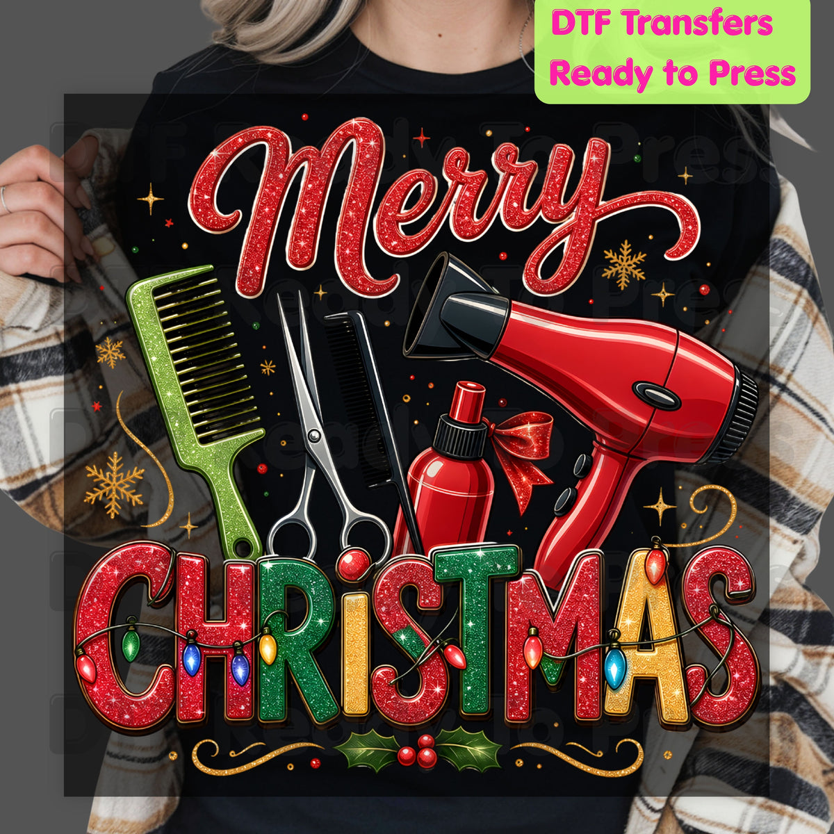 Merry Christmas Hairstylist DTF Transfers, Salon Scissors Dryer Comb Holiday Ready to Press