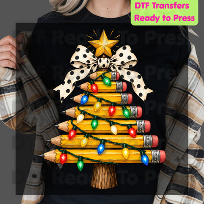 Christmas Teacher Pencil Tree DTF Transfers, School Polka Dot Bow Lights Holiday Ready to Press