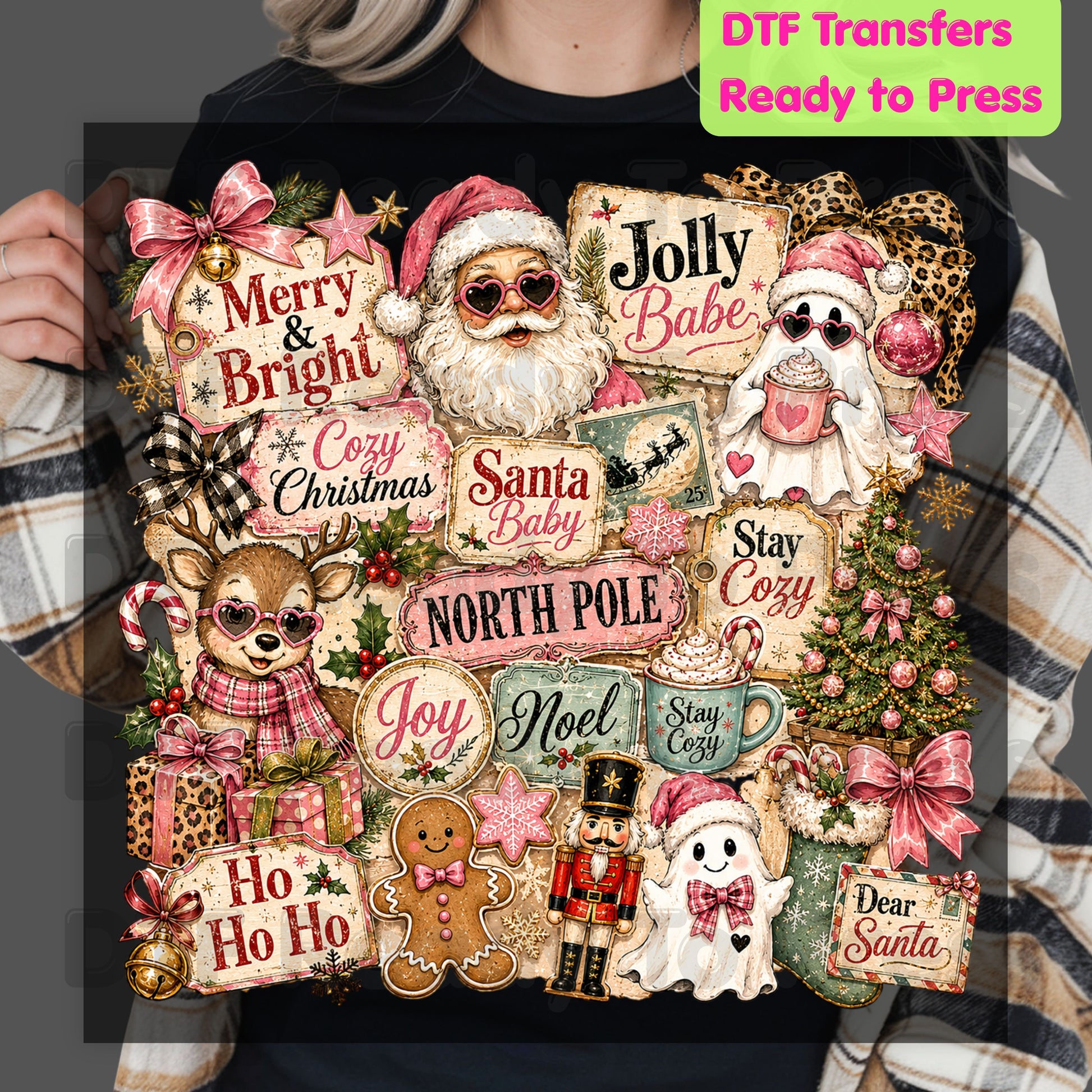 Cozy Pink Christmas Collage DTF Transfers, Santa Reindeer Gingerbread Nutcracker North Pole Holiday Ready to Press