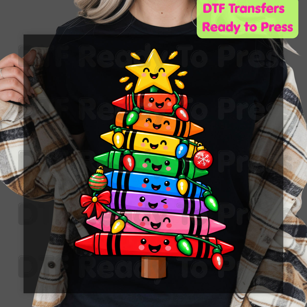 Christmas Crayon Tree DTF Transfers, Teacher School Rainbow Lights Holiday Ready to Press