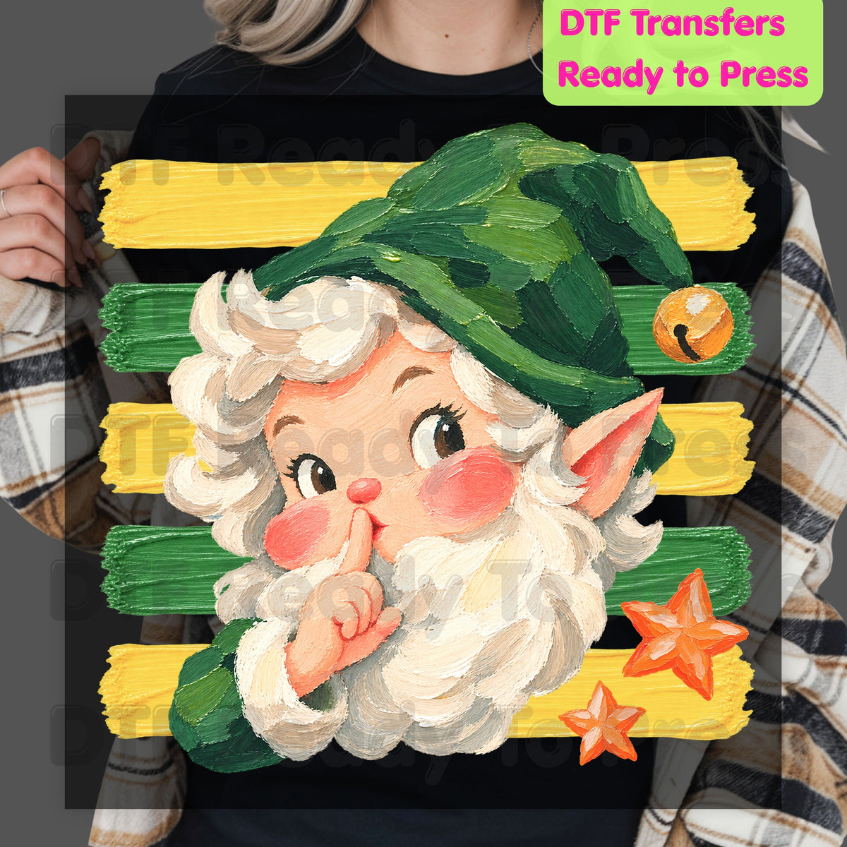 Vintage Shushing Gnome DTF Transfers, Elf Yellow Green Stripes Cute Christmas Holiday Ready to Press