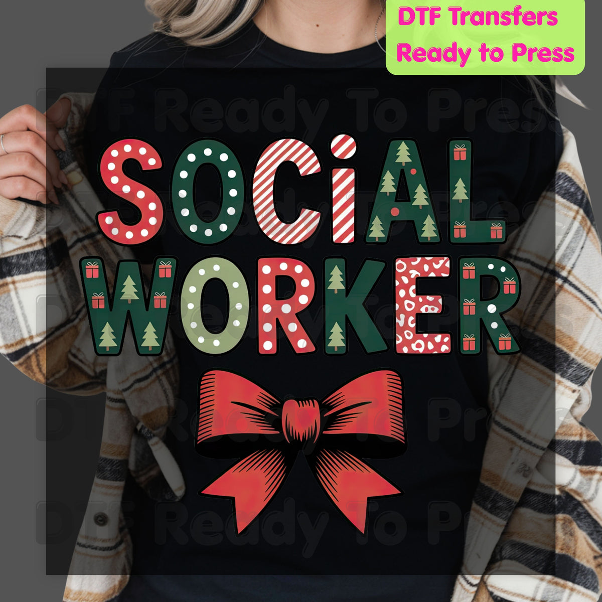 Christmas Social Worker DTF Transfers, Holiday Social Work Red Bow Pattern Ready to Press