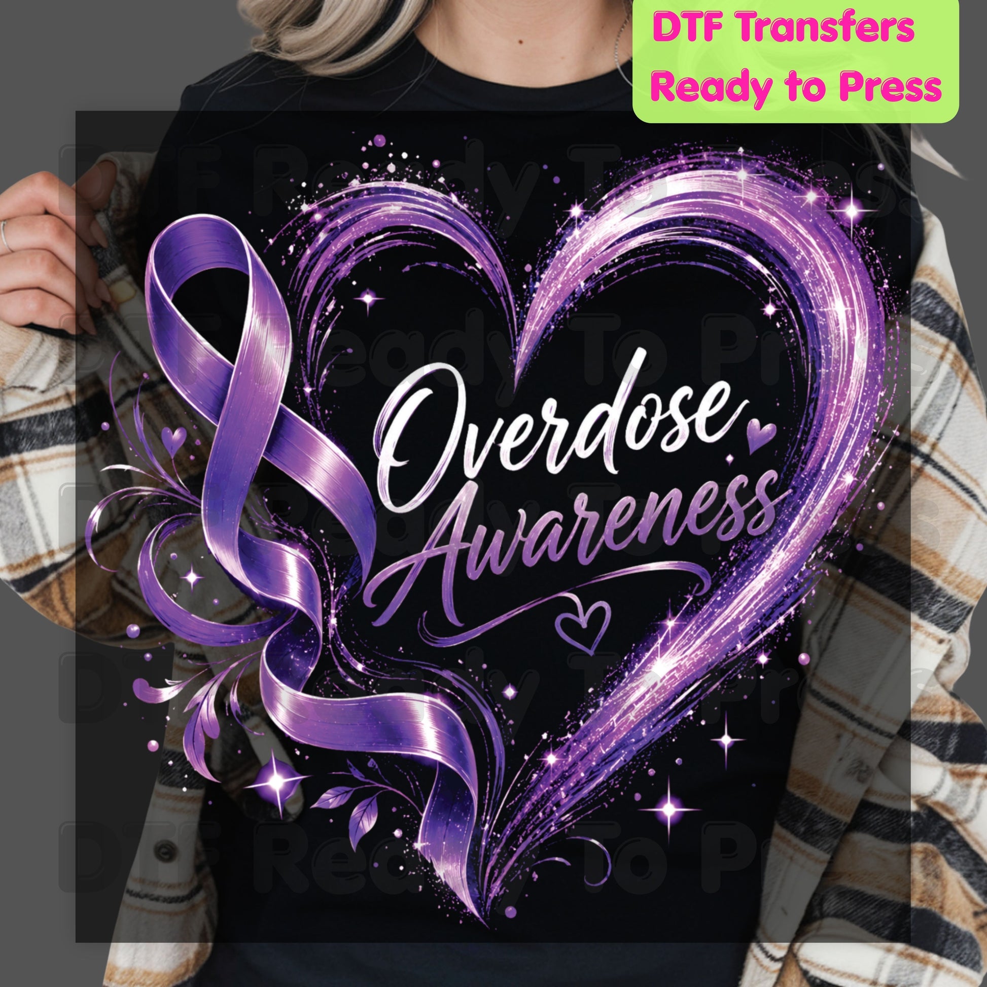 Overdose Awareness DTF Transfer Ready to Press Purple Heart Ribbon Heat Transfer Tee Print Direct to Film Transfer