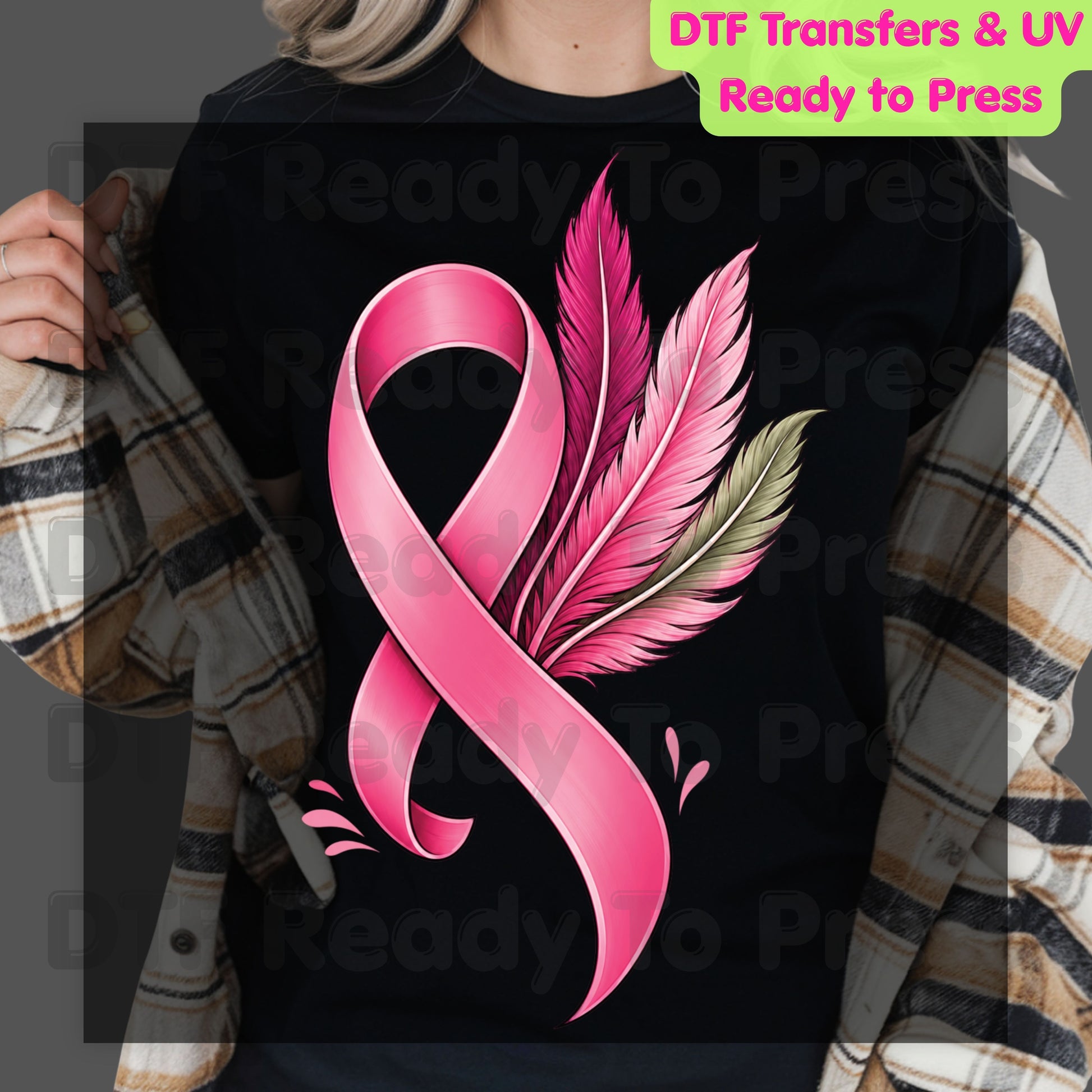 Pink Ribbon Feathers Breast Cancer Awareness DTF Transfer Ready to Press Heat Transfer Survivor Support Tee