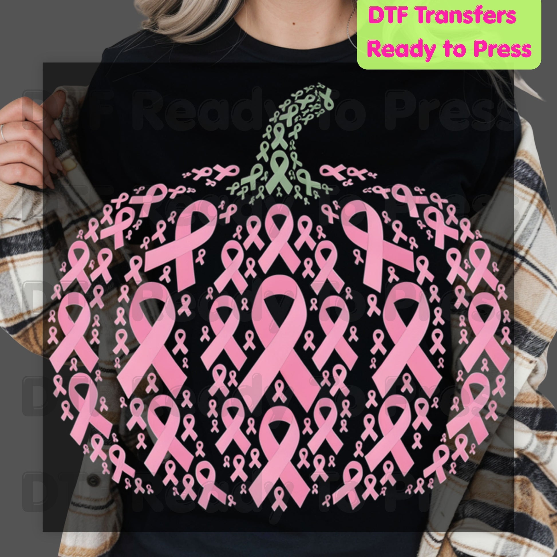 Pink Ribbon Pumpkin Breast Cancer Awareness DTF Transfer Ready to Press Fall Heat Transfer Tee