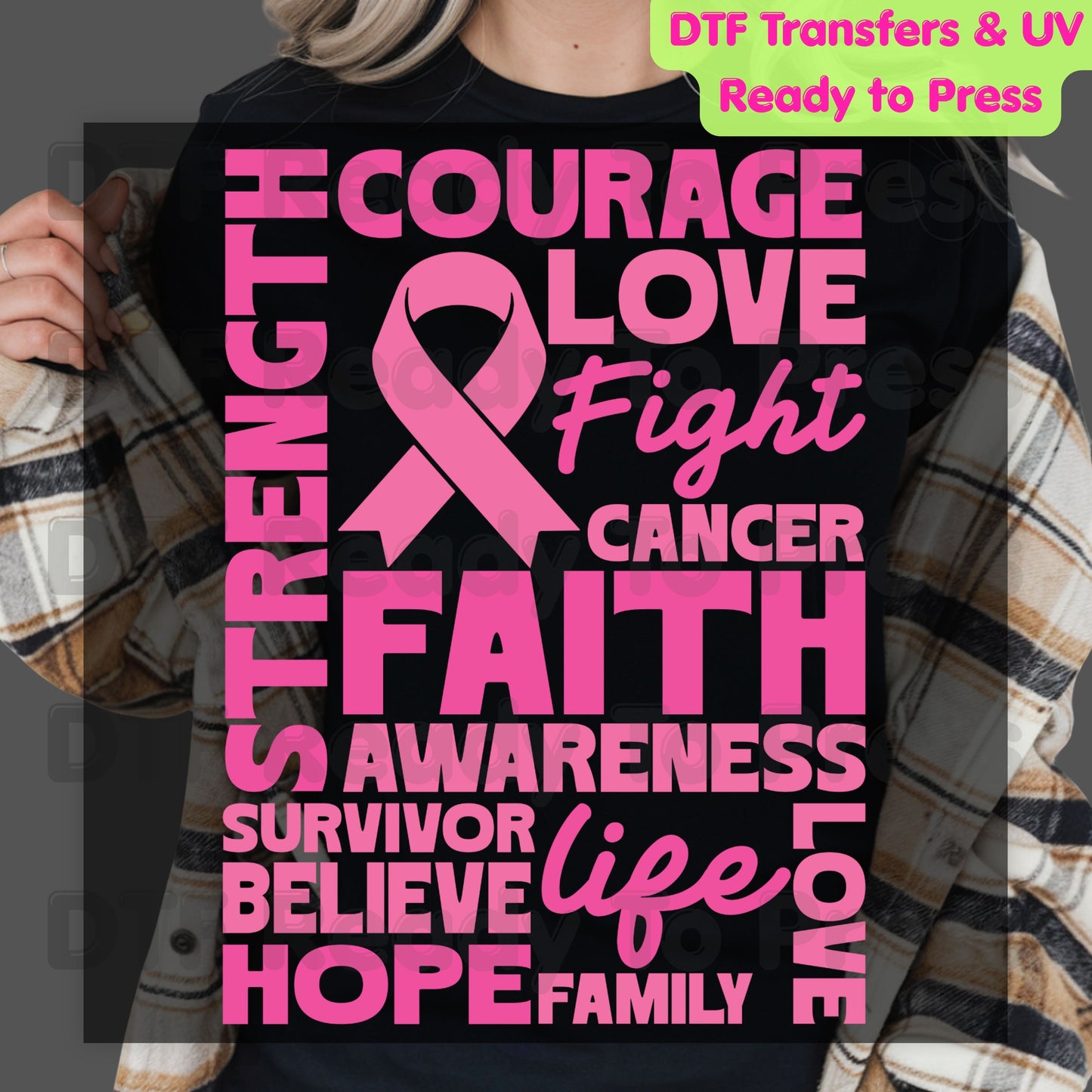 Courage Love Faith Breast Cancer Awareness DTF Transfer Ready to Press Heat Transfer Pink Ribbon Words Tee