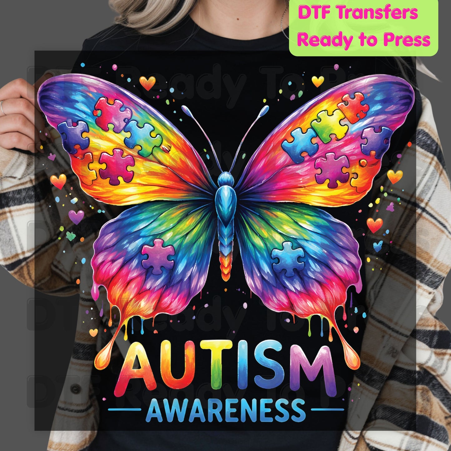 Autism Awareness DTF Transfer Ready to Press Rainbow Butterfly Puzzle Pieces Heat Transfer Tee Print Direct to Film Transfer