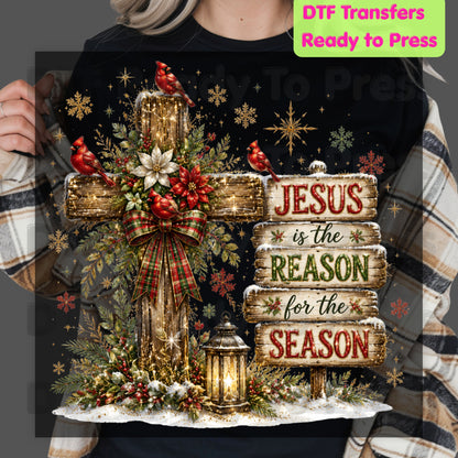 Jesus Is the Reason Christmas DTF Transfers, Cross Red Cardinals Christian Holiday Ready to Press