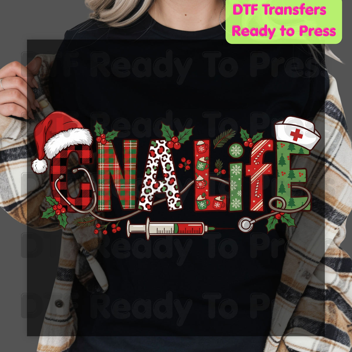 Christmas GNA Life DTF Transfers, Nursing Medical Plaid Leopard Stethoscope Holiday Ready to Press