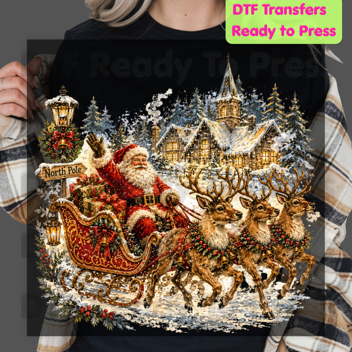 Vintage Santa DTF Transfers, Sleigh Reindeer North Pole Winter Village Christmas Ready to Press