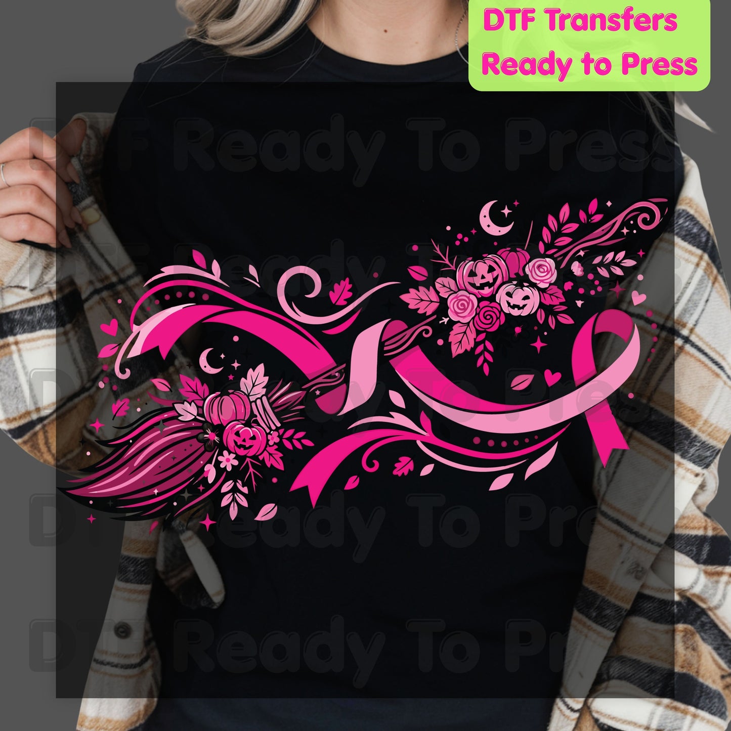 Pink Witch Broom Pumpkin Ribbon Breast Cancer Awareness DTF Transfer Ready to Press Heat Transfer Tee