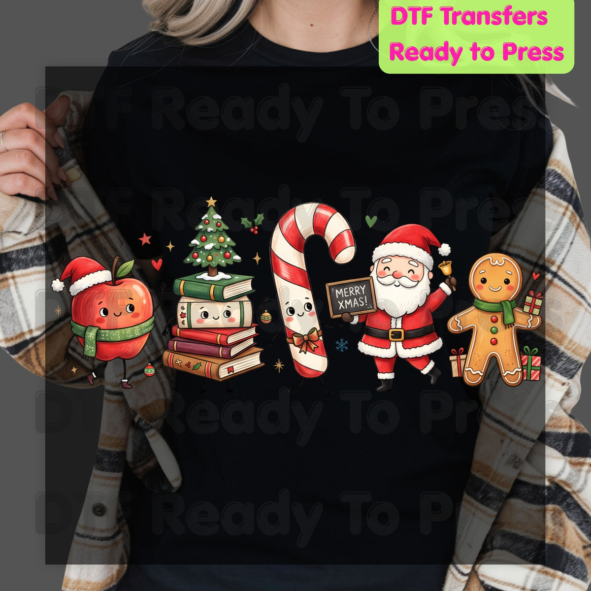 Christmas Teacher Squad DTF Transfers, Holiday School Apple Books Santa Teacher Ready to Press