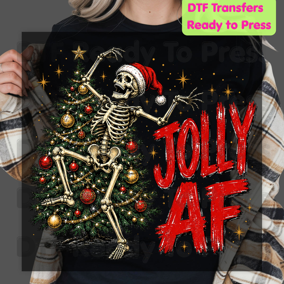Jolly AF Skeleton DTF Transfers, Santa Hat Christmas Tree Funny Holiday Ready to Press