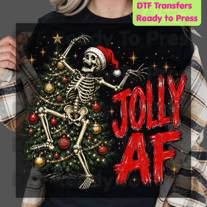 Jolly AF Skeleton DTF Transfers, Santa Hat Christmas Tree Funny Holiday Ready to Press