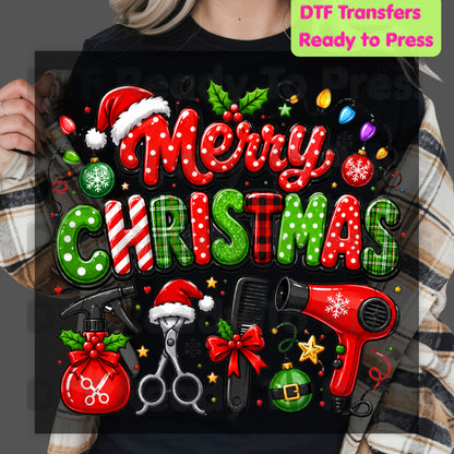Merry Christmas Hairstylist DTF Transfers, Salon Holiday Scissors Hair Dryer Hairdresser Ready to Press