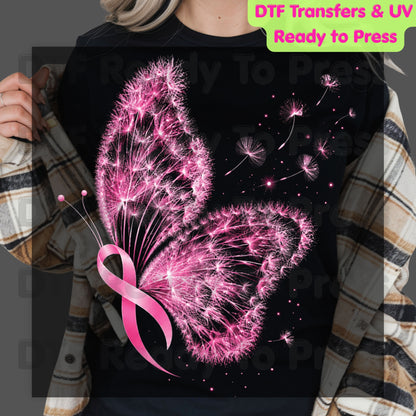 Pink Butterfly Ribbon Breast Cancer Awareness DTF Transfer Ready to Press Heat Transfer Dandelion Floral Tee