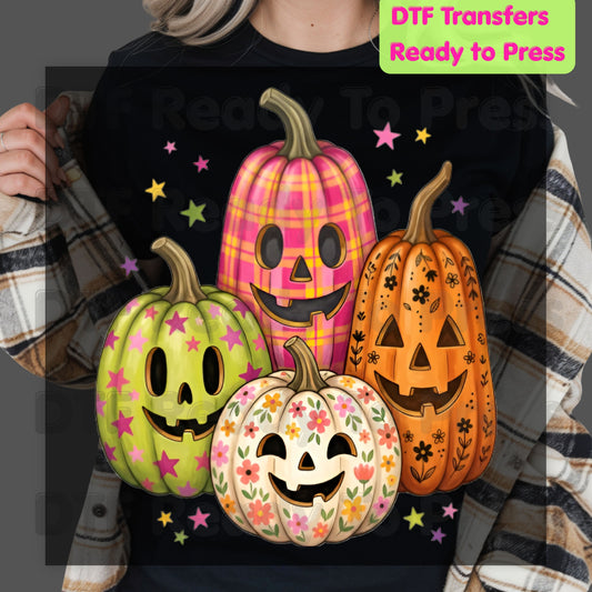 Pink Floral Pumpkin Halloween DTF Transfers, Colorful Spooky Season Ready to Press