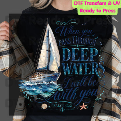 When You Pass Through Deep Waters DTF Transfer Ready to Press Isaiah 43:2 Bible Verse UV DTF Sticker Christian Sailboat Ocean Waves Sea Anchor Heat Transfer for Shirts