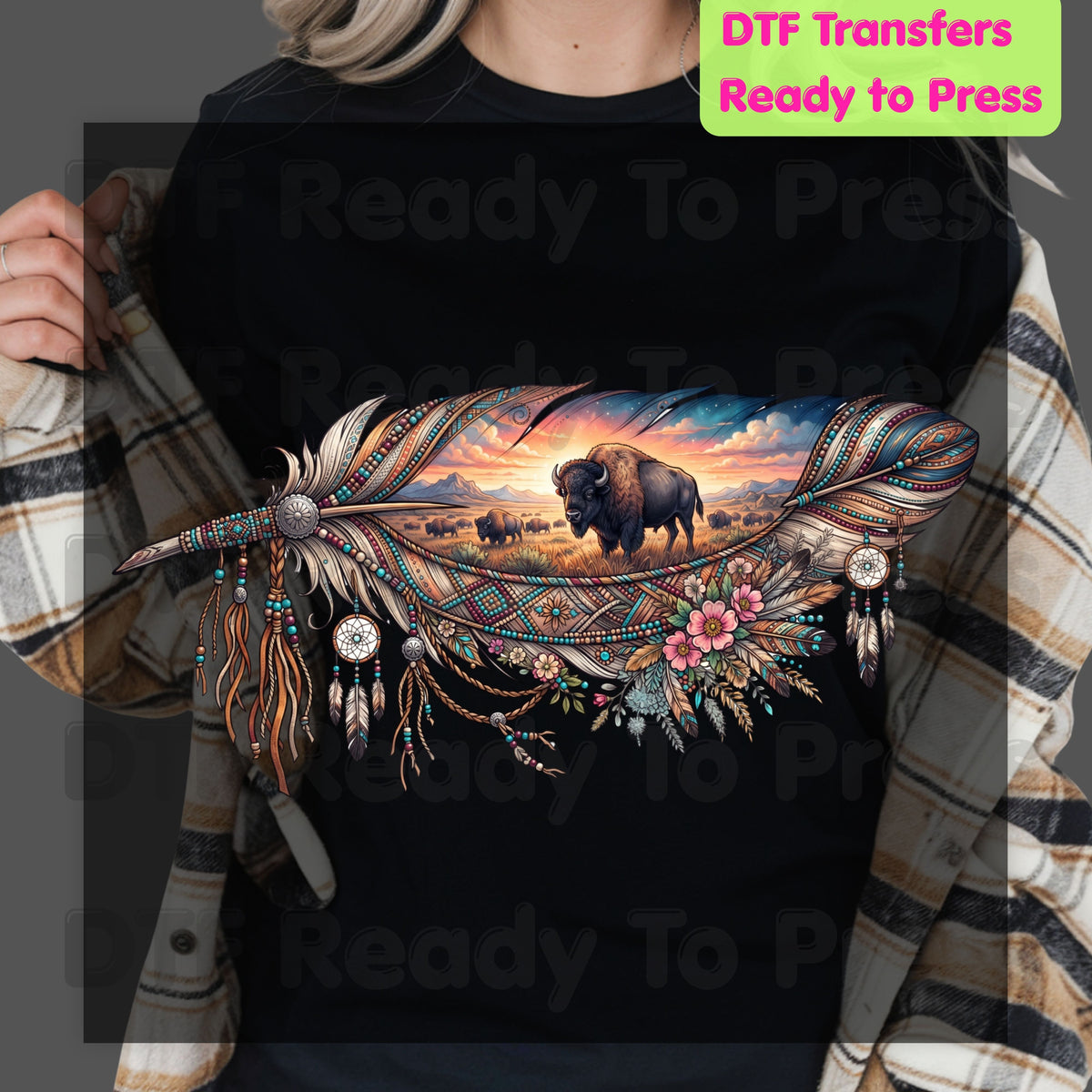 Western Buffalo Feather DTF Transfers, Dreamcatcher Boho Bison Tribal Sunset Ready to Press
