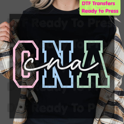 CNA Pastel Varsity DTF Transfers, Certified Nursing Assistant Medical Block Script Ready to Press
