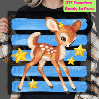 Vintage Baby Deer DTF Transfers, Fawn Stars Blue Stripes Cute Christmas Holiday Ready to Press