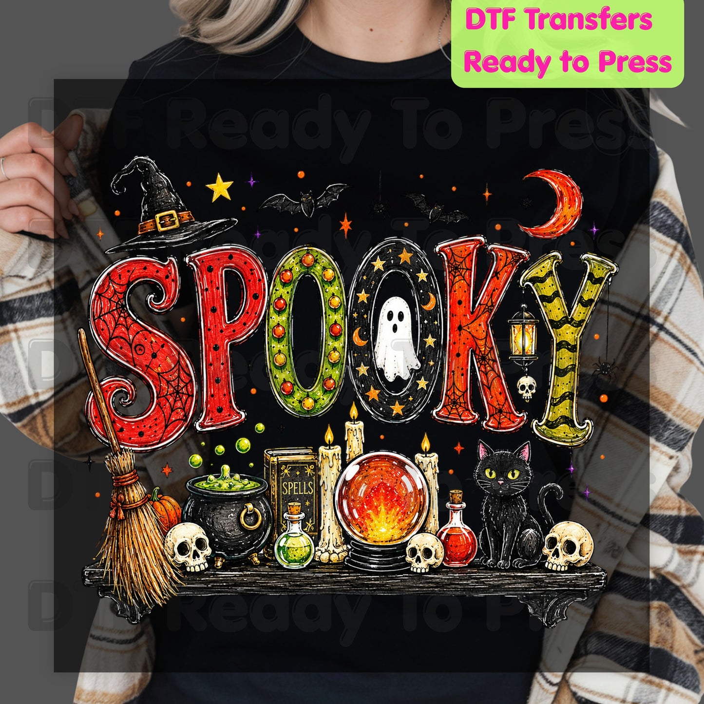 Halloween Spooky Witch Shelf DTF Transfers, Black Cat Crystal Ball Cauldron Potion Skull Ready to Press