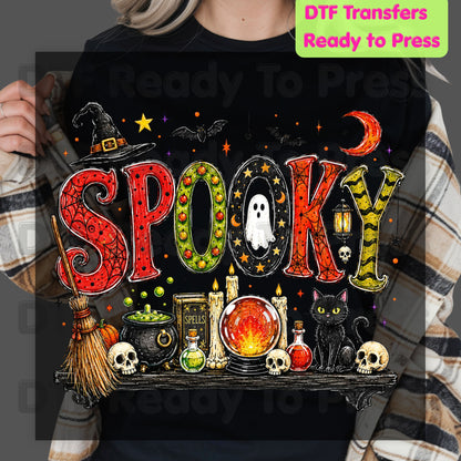 Halloween Spooky Witch Shelf DTF Transfers, Black Cat Crystal Ball Cauldron Potion Skull Ready to Press