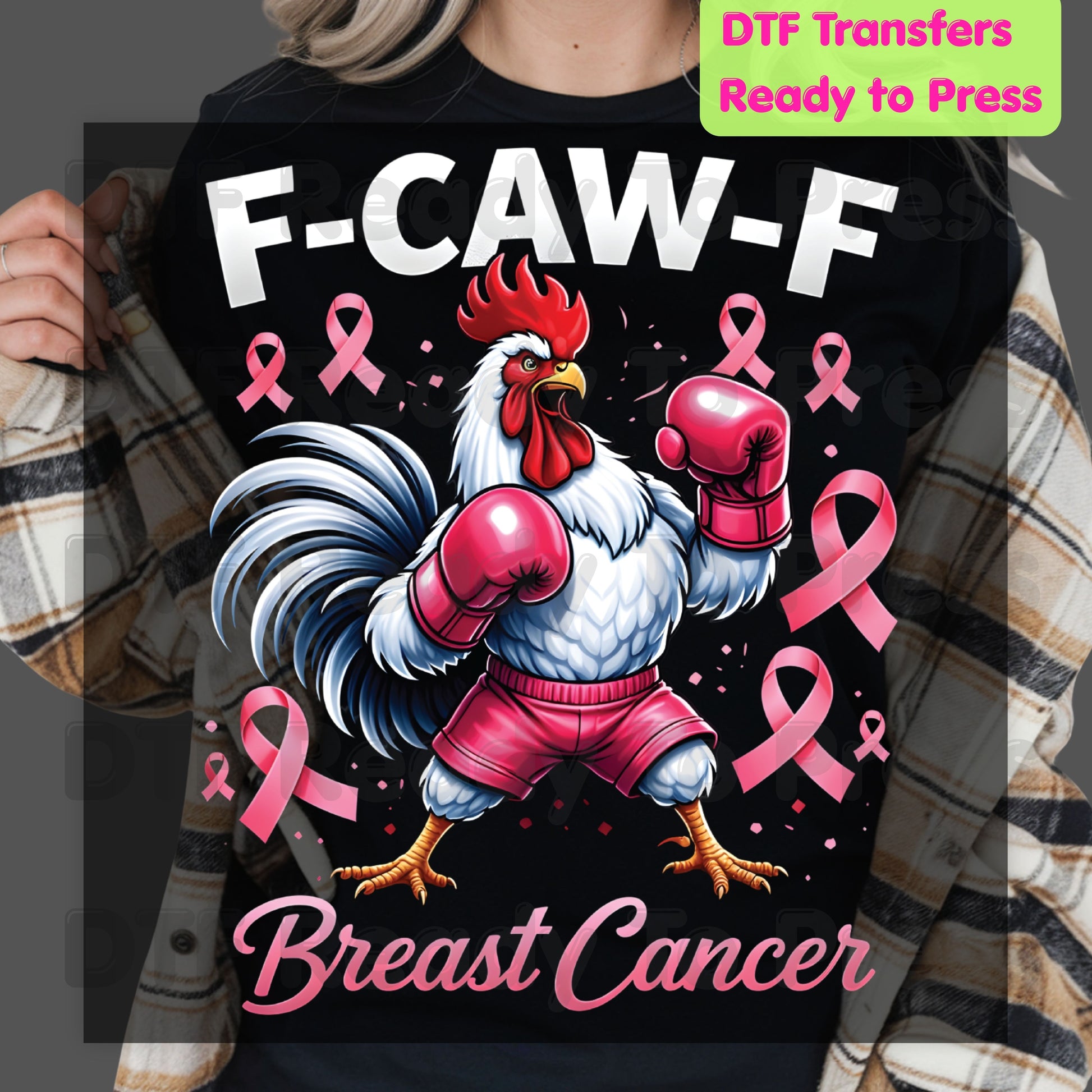 Breast Cancer DTF Transfer Ready to Press Fighter Rooster Boxing Gloves Pink Ribbons Heat Transfer Tee Print Direct to Film
