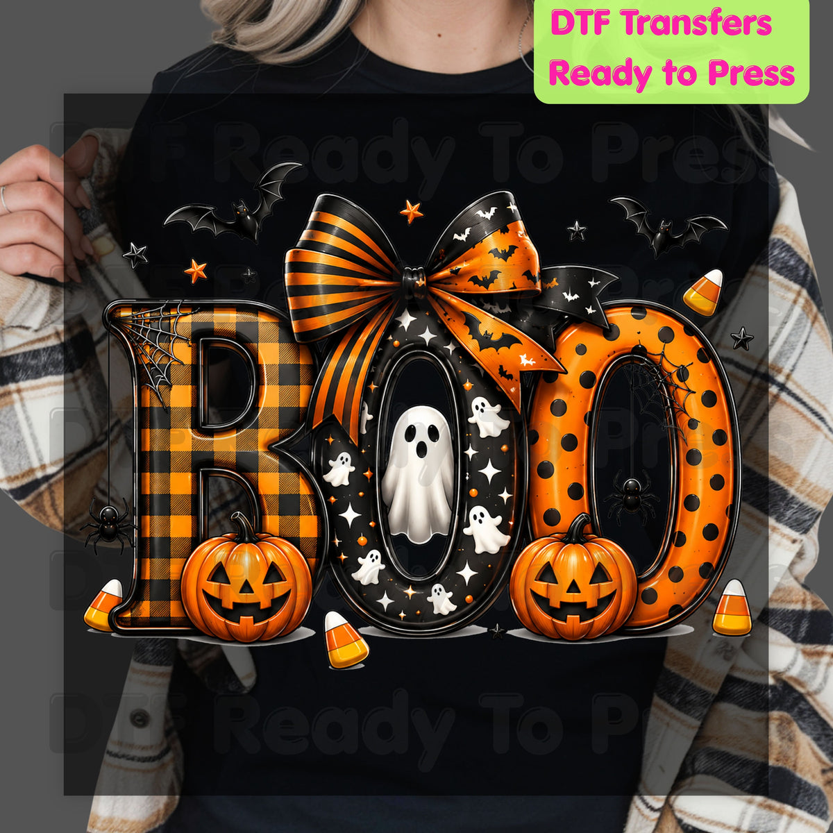 Boo Pumpkin Ghost Halloween DTF Transfers, Coquette Bow Cute Spooky Ready to Press
