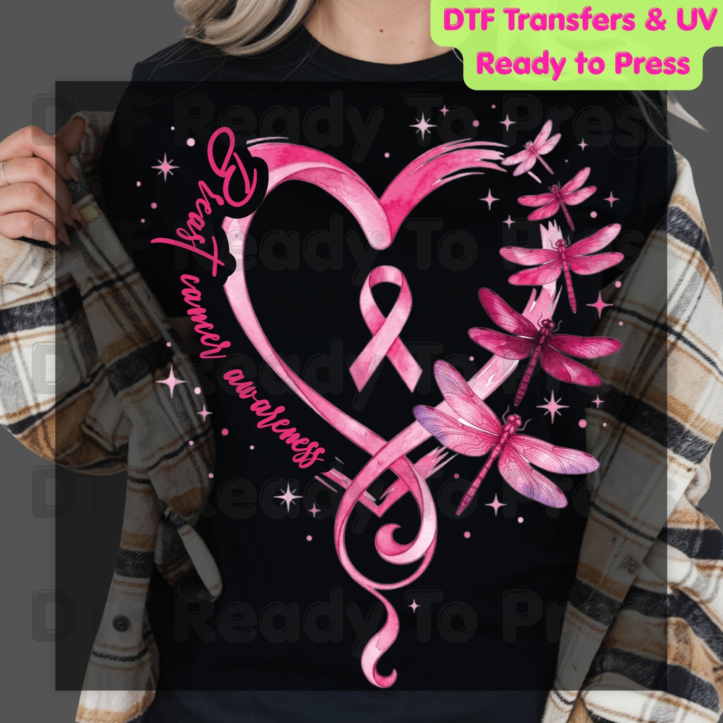 Breast Cancer Awareness Pink Heart Dragonfly DTF Transfer Ready to Press Heat Transfer Ribbon Tee