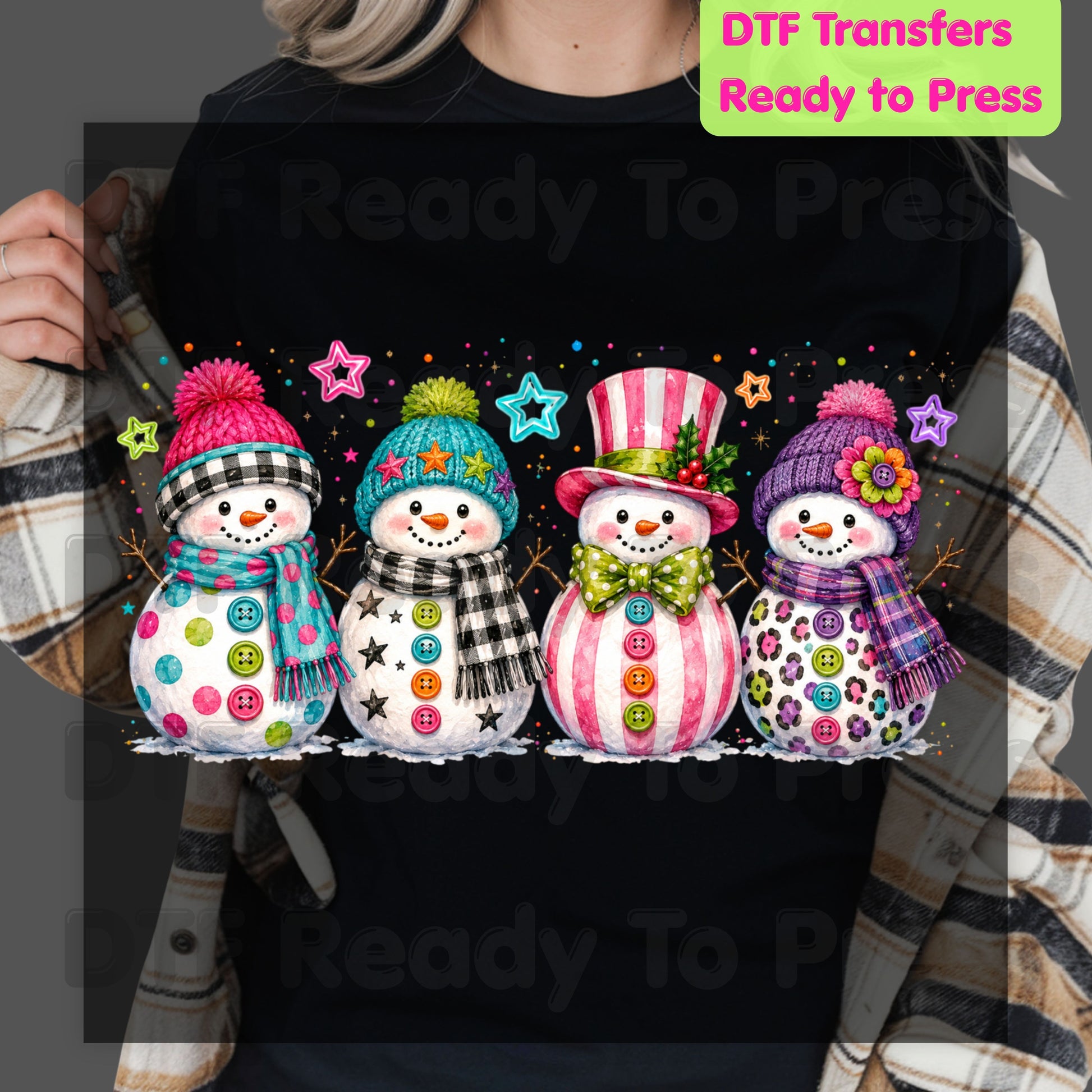 Christmas Colorful Snowmen DTF Transfers, Cute Winter Snowman Beanies Scarves Holiday Ready to Press
