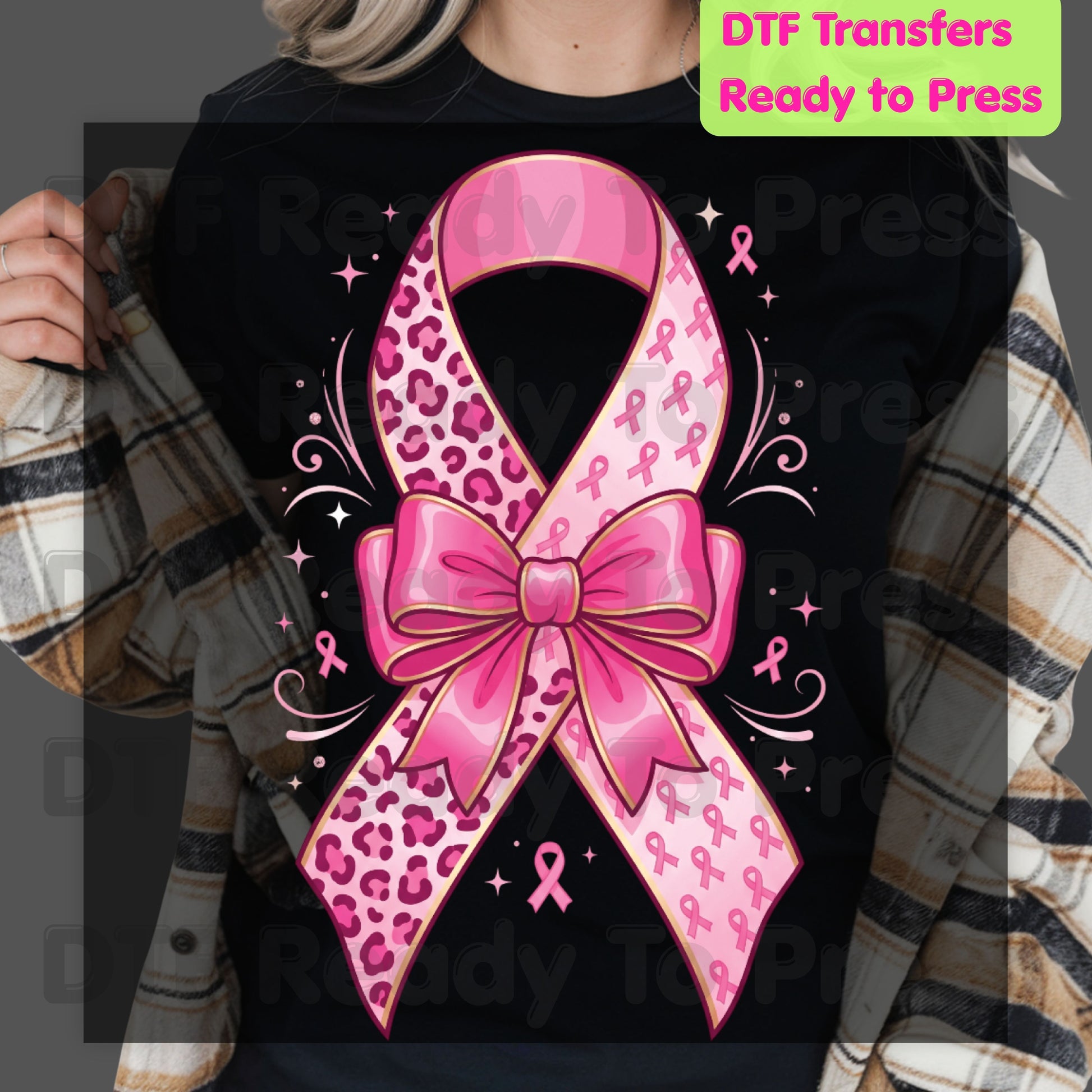Leopard Pink Ribbon Bow Breast Cancer Awareness DTF Transfer Ready to Press Heat Transfer Tee
