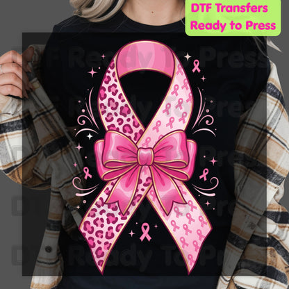 Leopard Pink Ribbon Bow Breast Cancer Awareness DTF Transfer Ready to Press Heat Transfer Tee
