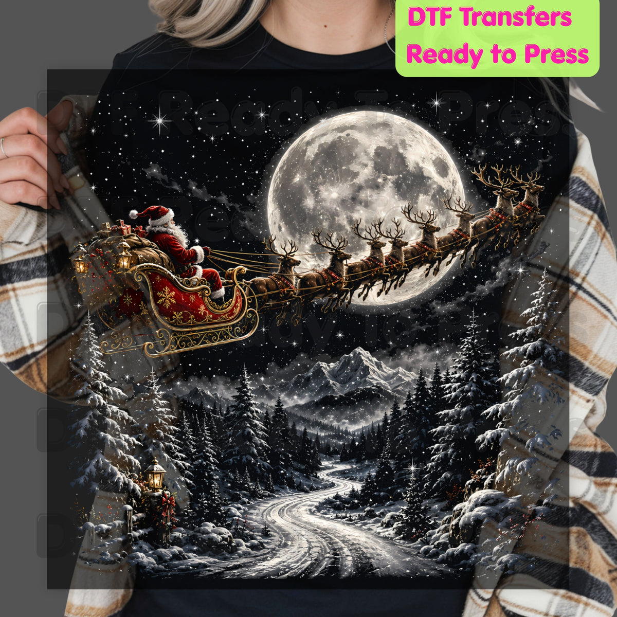 Christmas Santa DTF Transfers, Sleigh Flying Over Full Moon Vintage Winter Forest Ready to Press