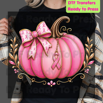 Breast Cancer DTF Transfer Ready to Press Pink Pumpkin Ribbon Bow Awareness Heat Transfer Tee Print Direct to Film Transfer