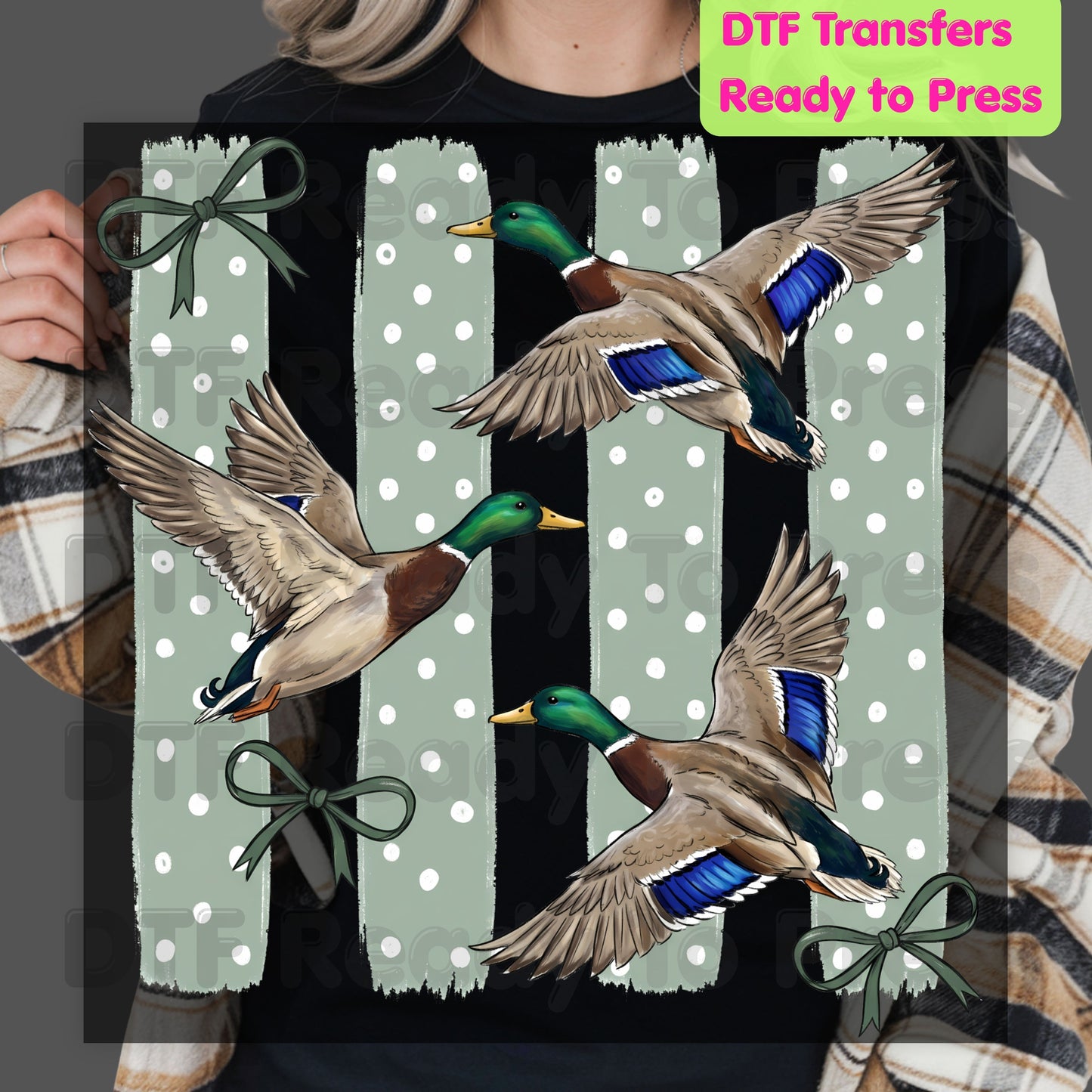 Flying Mallard Ducks DTF Transfers, Vintage Mallard Green Bows Polka Dot Coquette Hunting Ready to Press