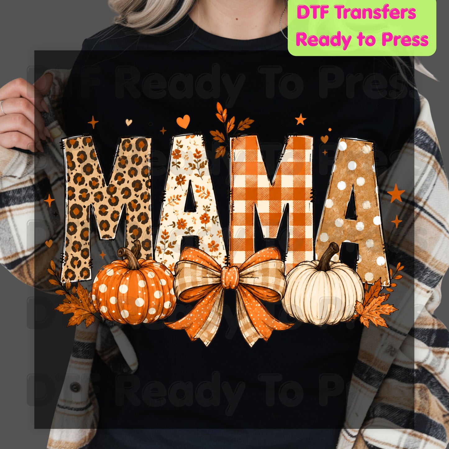 Fall Mama Pumpkin DTF Transfers, Leopard Plaid Varsity Letters Autumn Leaves Bow Thanksgiving Mom