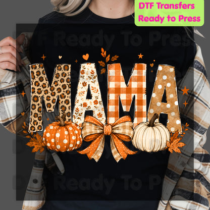 Fall Mama Pumpkin DTF Transfers, Leopard Plaid Varsity Letters Autumn Leaves Bow Thanksgiving Mom