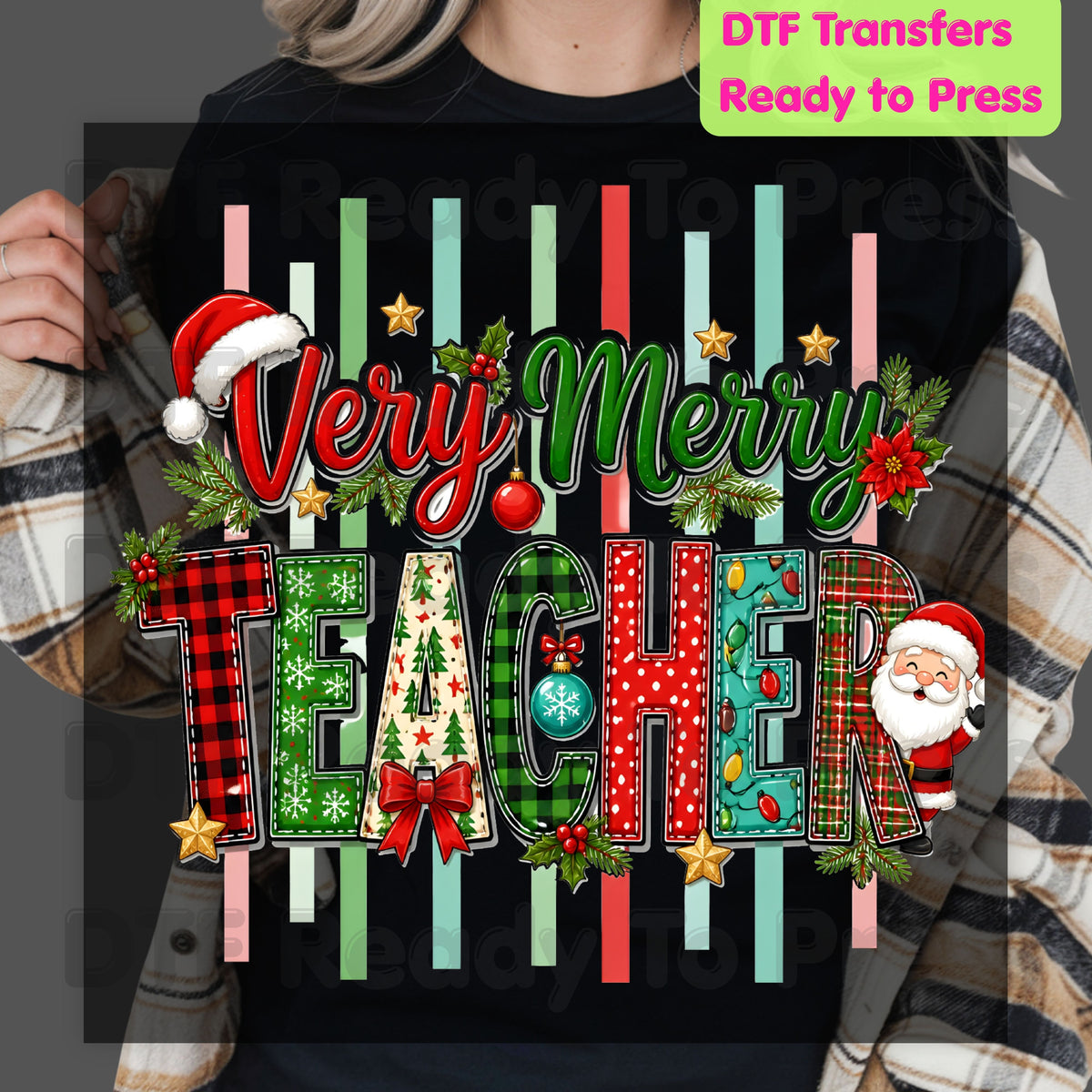 Very Merry Teacher DTF Transfers, Christmas School Plaid Santa Striped Graphic Ready to Press