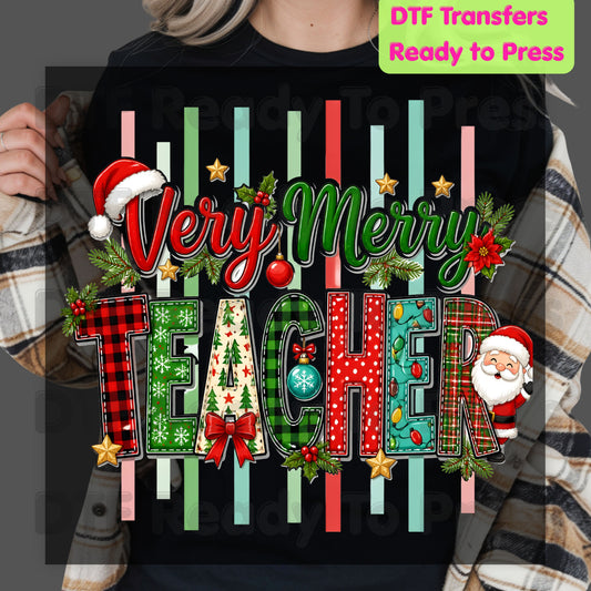 Very Merry Teacher DTF Transfers, Christmas School Plaid Santa Striped Graphic Ready to Press
