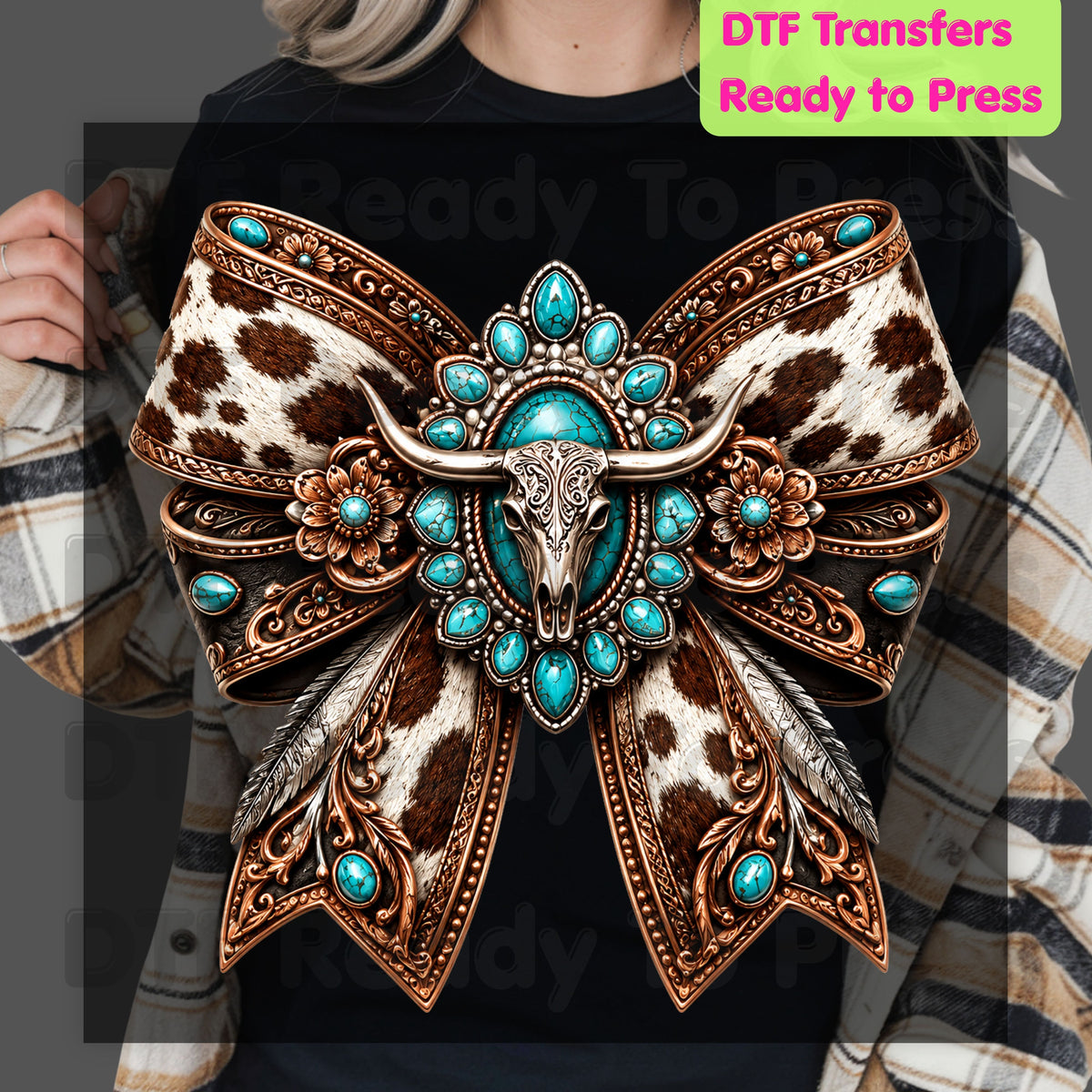 Western Bow DTF Transfers, Turquoise Longhorn Skull Cowhide Coquette Bow Cowgirl Ready to Press