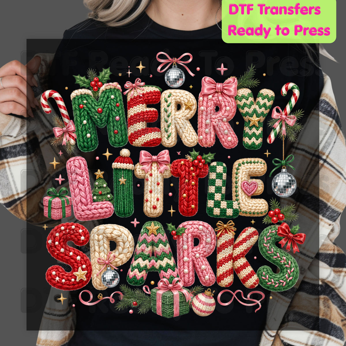 Merry Little Sparks DTF Transfers, Christmas Cable Knit Bow Disco Holiday Ready to Press
