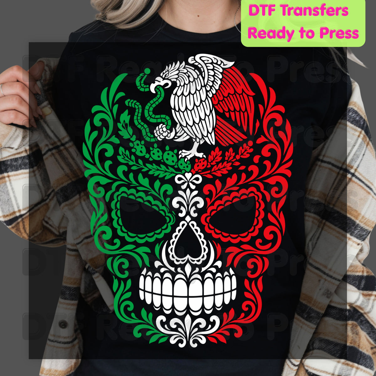 Mexican Flag Sugar Skull DTF Transfers, Eagle Coat of Arms Dia de los Muertos Ready to Press
